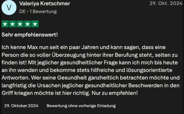 Trustpilot-Bewertung von Valeriya Kretschmer, 5 Sterne: Sehr empfehlenswert. Eine Person, die so voller Überzeugung hinter ihrer Berufung steht, ist selten zu finden.